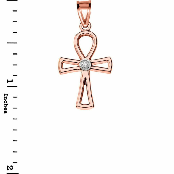 10k 14k Solid Gold Diamond Ancient Egyptian Ankh Cross Openwork Pendant Necklace