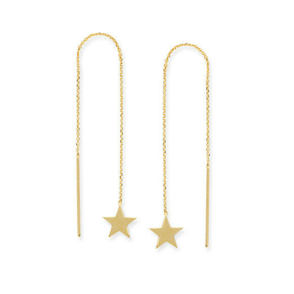 14K Solid Yellow Gold Flat Star Cable Chain Dangle Drop Threader Earrings