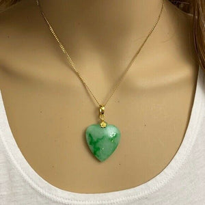 14K Solid Yellow Gold Large Heart Green Jade Pendant Charm