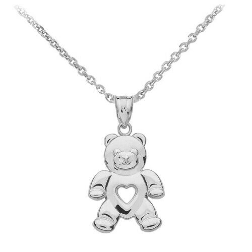 10K Solid Gold Open Heart Love Bear Pendant Necklace - Yellow, Rose, or White