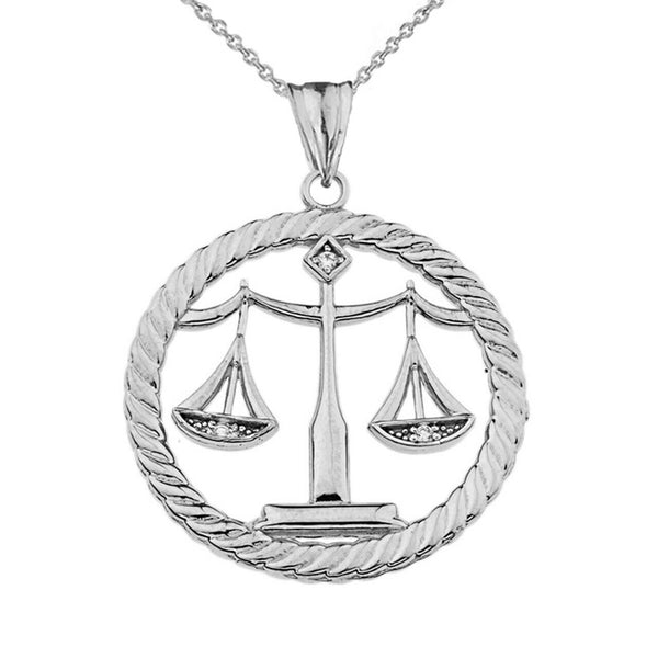 Solid 14k White Gold Diamond Scales of Justice Rope Pendant Necklace