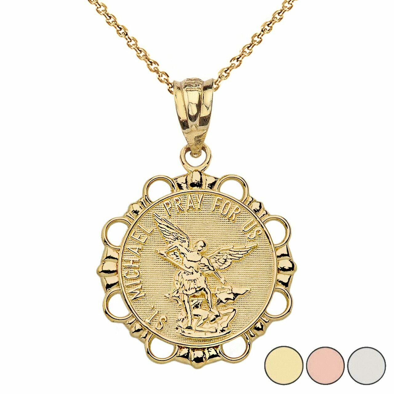 14k Solid Yellow Gold St.Saint Michael Pray For Us Round Circle Pendant Necklace