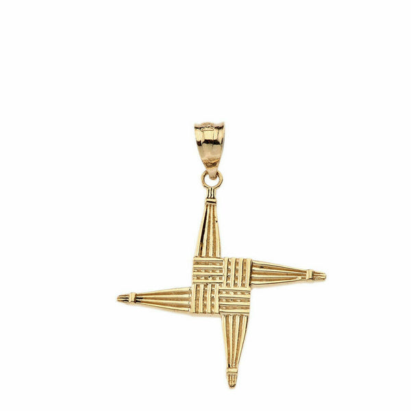 10k Solid Yellow Gold Irish St. Brigid's Christian Wall Cross Pendant Necklace