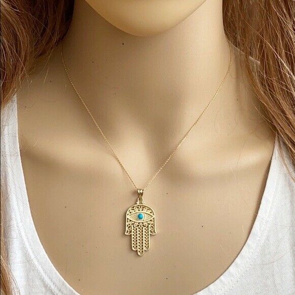 14k Yellow Gold Evil Eye Turquoise Stone Filigree Hamsa Hand Pendant Necklace