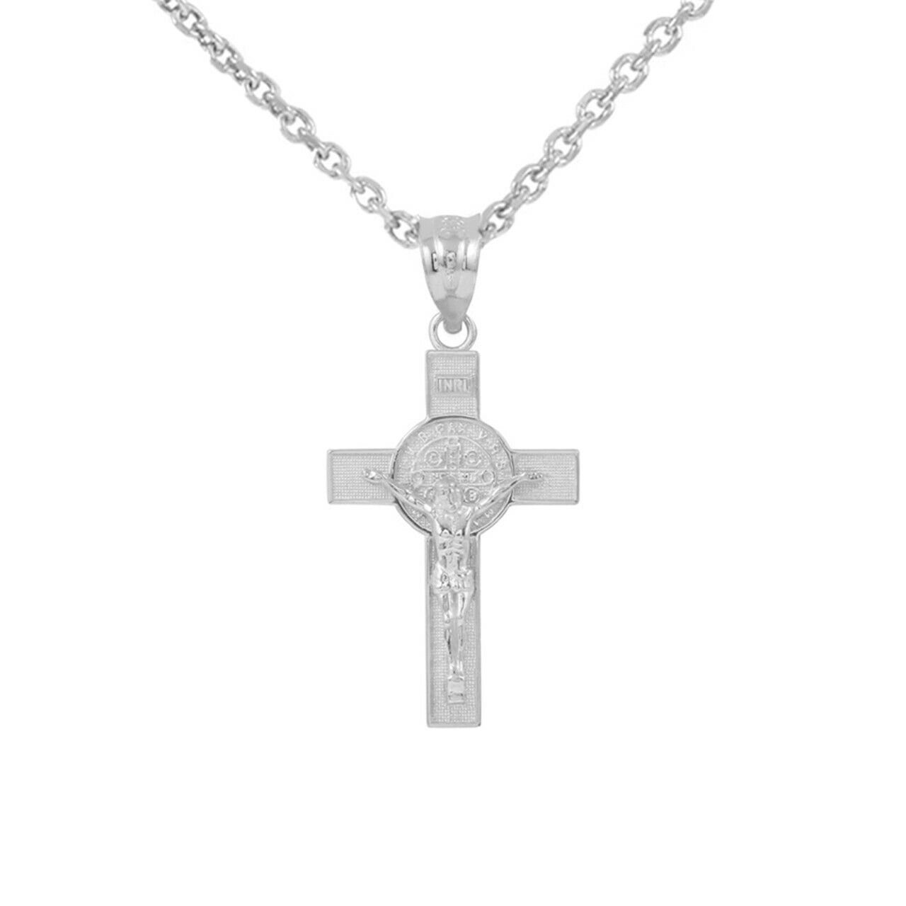 14K Solid White Gold Small Saint St. Benedict Crucifix Cross Pendant Necklace