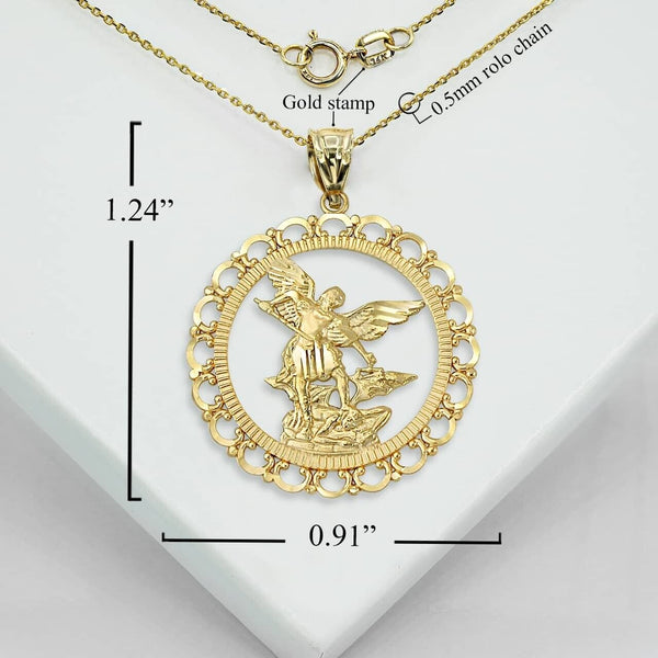 14k Yellow Gold Saint St Michael Archangel Openwork Pendant Necklace S, L