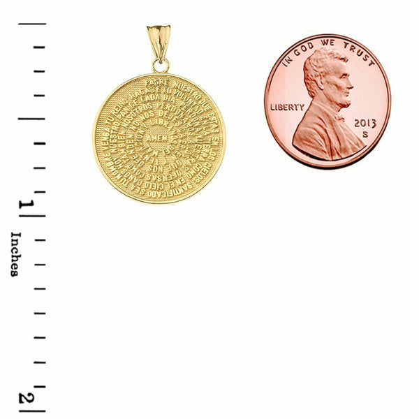 10k Solid Gold Padre Nuestro The Lord's Prayer Medallion Pendant Necklace