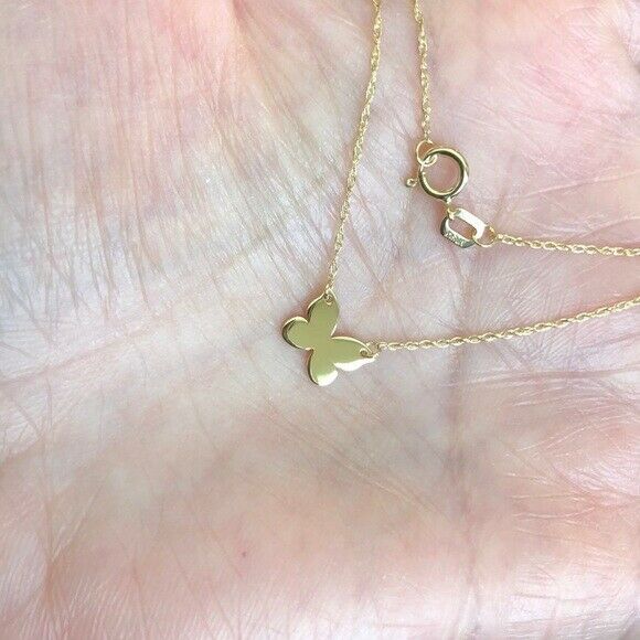 14K Solid Gold Mini Butterfly Dainty Necklace - Minimalist Yellow Adjust 16"-18