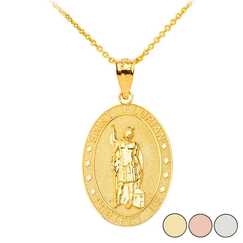 14k Solid Gold Saint Florian Oval Medallion Pendant Necklace Yellow White Rose