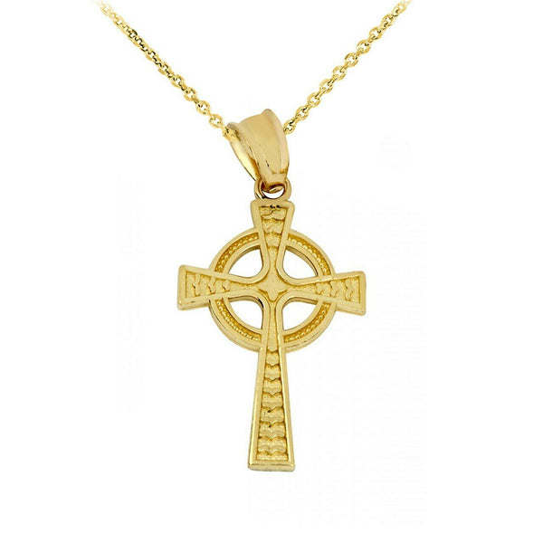 Solid 10k Yellow Gold Irish Celtic Trinity Cross 1" Pendant Necklace