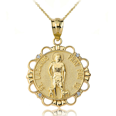 14k Solid Gold Diamond Saint Lazarus Pray For Us Circle Pendant Necklace