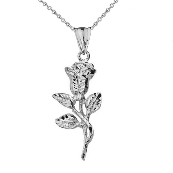 10k or 14k Solid Yellow or Rose or White Gold Sparkle Cut Rose Pendant Necklace