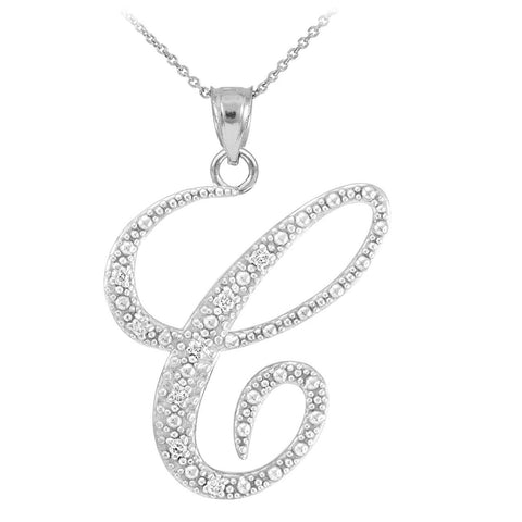 Personalized 925 Sterling Silver CZ Initial Script Letter C Pendant Necklace