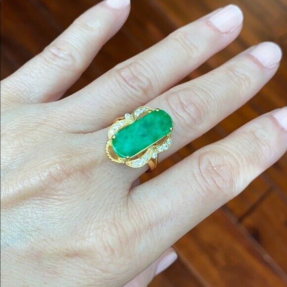 14K Solid Real Yellow Gold Rectangle Green Jade CZ Ring Size 6.75