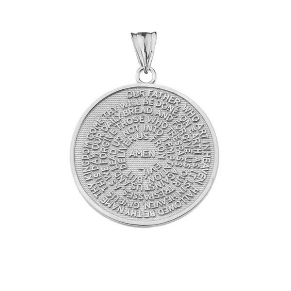 10k Solid White Gold The Lord's Prayer Medallion Pendant Necklace