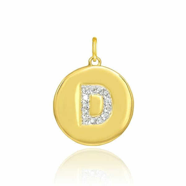 Solid 10k Yellow Gold Letter "D" Initial Diamond Disc Charm Pendant Necklace