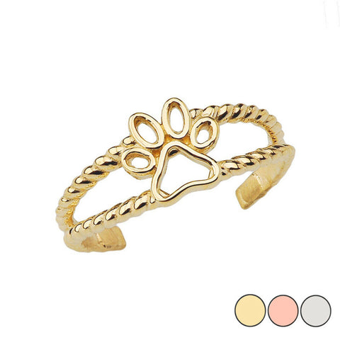 Dog Paw Rope Toe Ring in 10K Solid Yellow Gold, White Gold, Rose Gold Adjustable