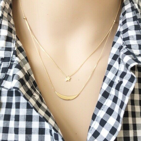14K Solid Gold Duo Layer Celestial Moon Star Layering Necklace 16"-18"