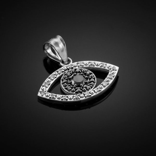 14k Real White Gold Evil Eye with 16 Clear and 8 Black Diamond Pendant Necklace