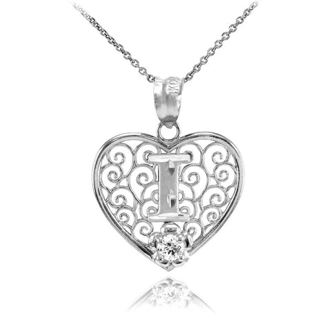 925 Sterling Silver Filigree Heart CZ Initial Letter I Pendant Necklace