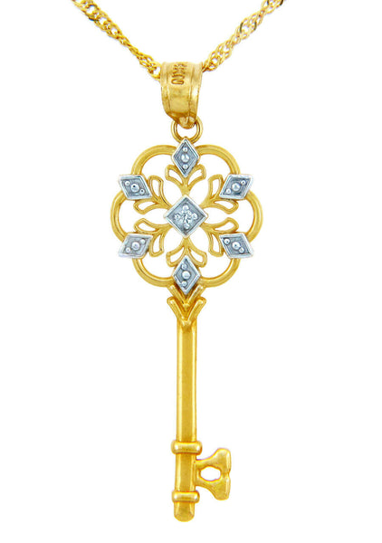 14k Yellow Gold Valentines Heart Round Diamond Accent Charm Key Pendant Necklace