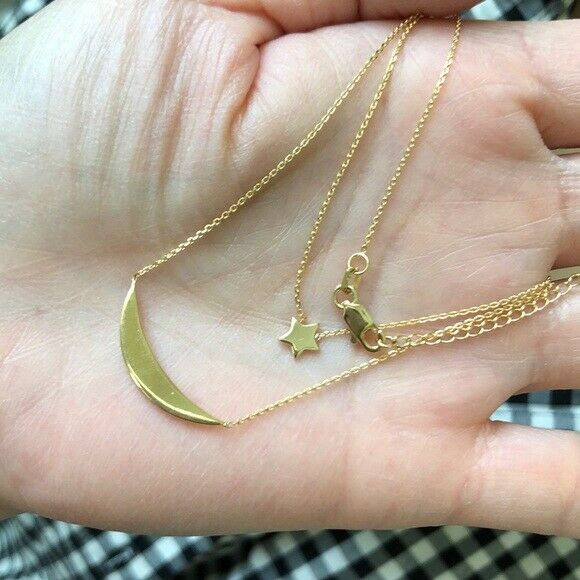 14K Solid Gold Duo Layer Celestial Moon Star Layering Necklace 16"-18"