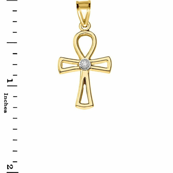 10k 14k Solid Gold Diamond Ancient Egyptian Ankh Cross Openwork Pendant Necklace