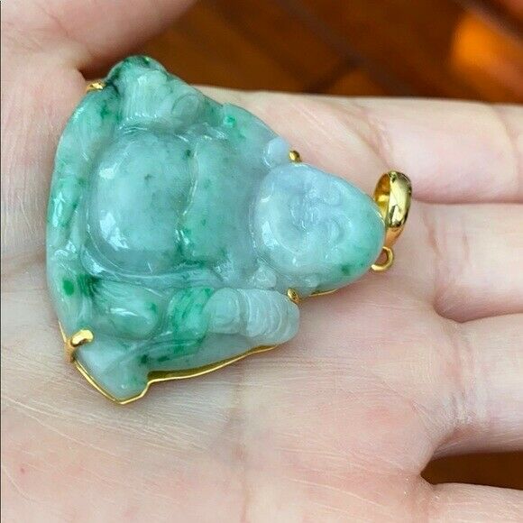 14K Solid Real Gold Natural Jadeite Jade Happy Laughing Buddha Pendant 705