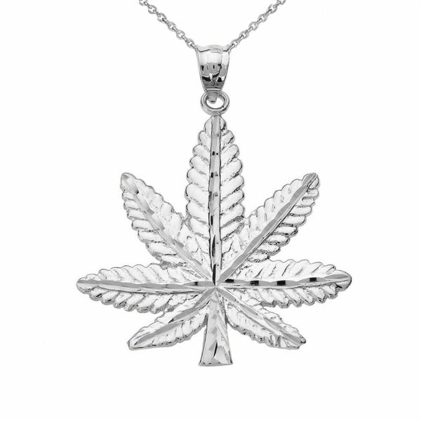 .925 Sterling Silver Marijuana Leaf Cannabis Charm Pendant Necklace