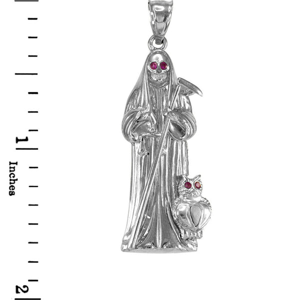 925 Sterling Silver Santa Muerte-Holy Death-Grim Reaper With Owl Red CZ Pendant