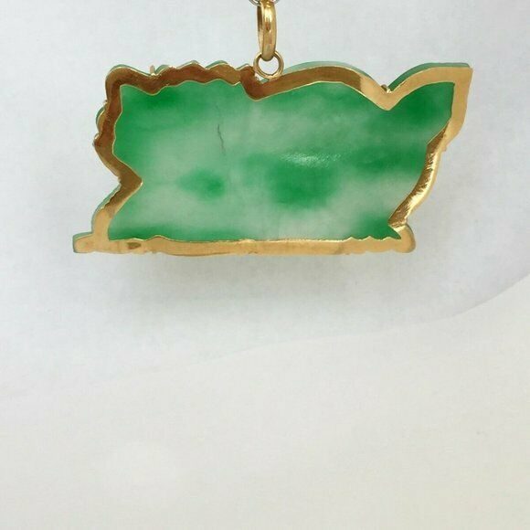 14K Solid Yellow Gold Green Jade Carved Dragon Pendant Charm XLarge