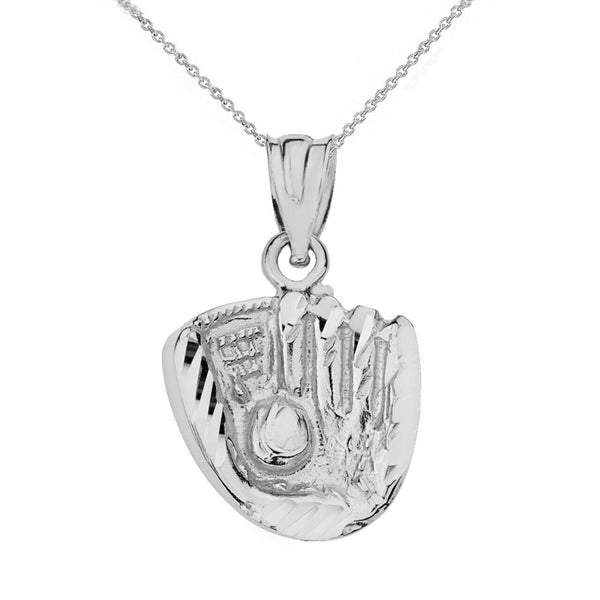 925 Sterling Silver Diamond Cut Baseball Glove Pendant Necklace