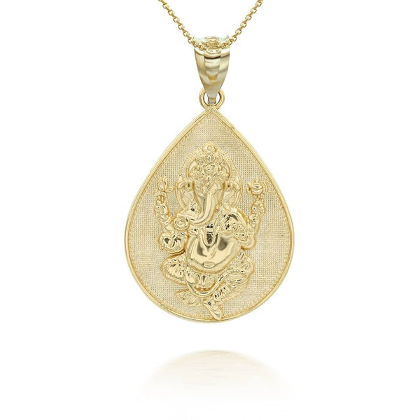 14K Solid Gold Hindu Lord Ganesha Pendant Necklace - Yellow, Rose, or White Gold