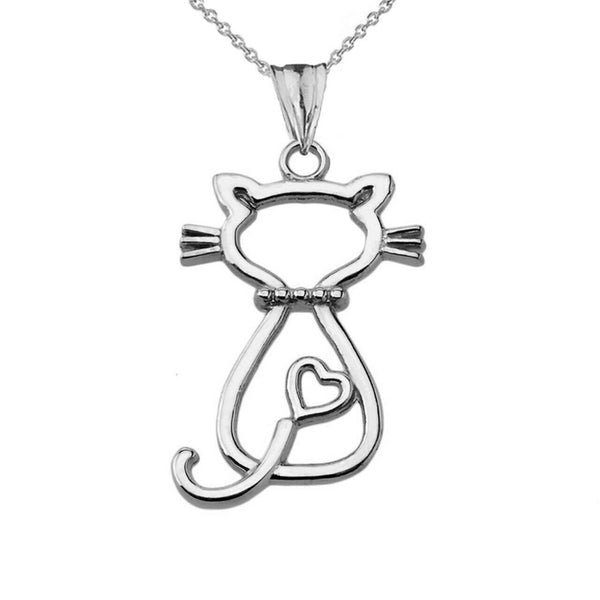 Solid 14k White Gold Openwork Backwards Cat Pendant Necklace