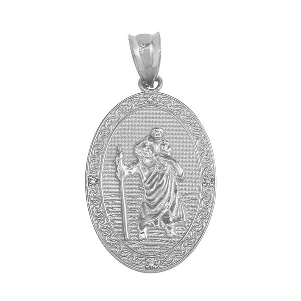 925 Sterling Silver St. Saint Christopher Medallion CZ Oval Pendant Necklace