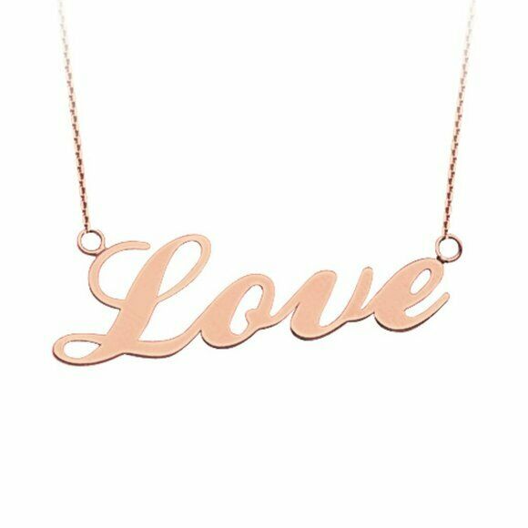 14K Solid Rose Gold Love Script Cut Out Necklace - Minimalist Adjustable