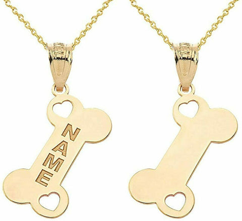 Personalized Engrave Name 10k 14k Solid Gold Dog Bone Pendant Necklace