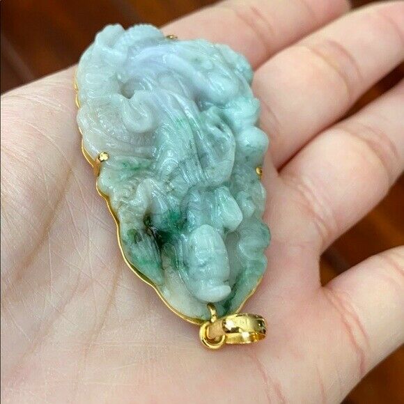 14K Solid Real Gold Natural Jadeite Jade Lotus Kwan Yin Lady Buddha Pendant 703