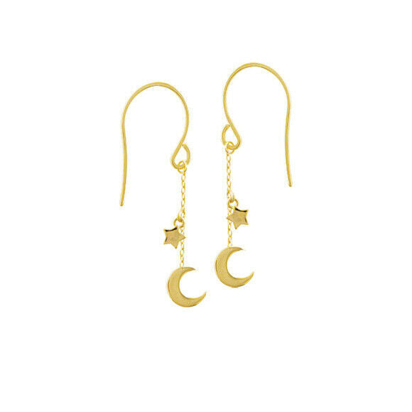 14K Solid Yellow Gold Dangle Half Moon Stars Earrings