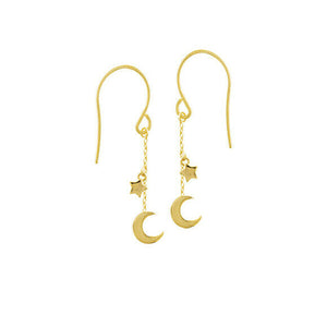 14K Solid Yellow Gold Dangle Half Moon Stars Earrings