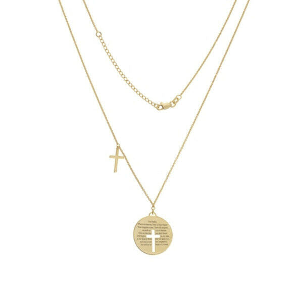 14K Solid Gold Lords Prayer Cross Disk/Disc Double Adjust Necklace Medallion 22