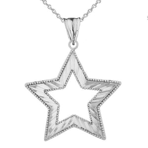 Solid 14k White Gold Chic Sparkle Cut Star Pendant Necklace