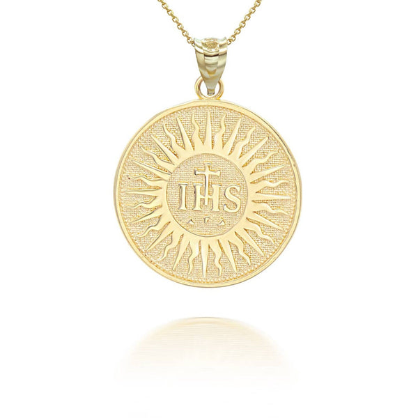 14K Solid Gold Holy Name of Jesus Pendant Necklace - Yellow, Rose, or White