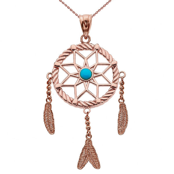14k Solid Rose Gold Turquoise Flower Dream Catcher Pendant Necklace