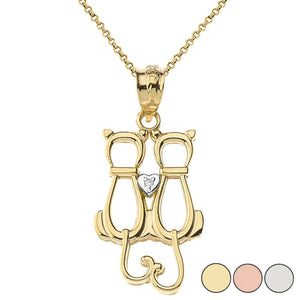 10K Solid Gold A Pair of Love Cats Heart Diamond Pendant Necklace