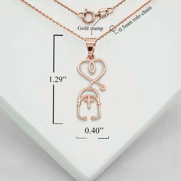 10K Solid Gold Stethoscope Cross Pendant Necklace  - Yellow, Rose, White