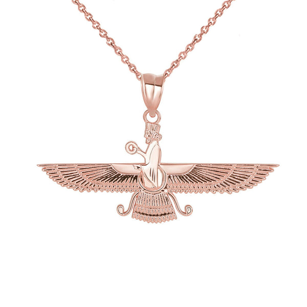 14K Solid Gold Persian God Faravahar Pendant Necklace - Yellow, Rose, or White