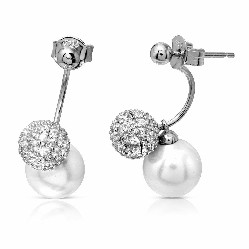 NWT Sterling Silver 925 CZ Ball with Sliding Mother of Pearl Earrings