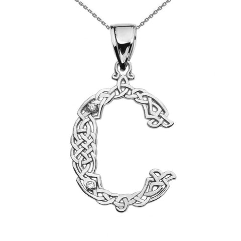 Sterling Silver CZ Celtic Knot Pattern Initial Letter C Pendant Charm Necklace