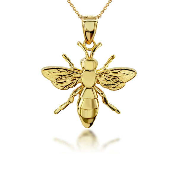 14k Solid Yellow Gold 3D Bee Pendant Necklace